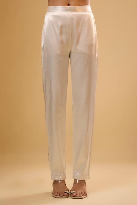 Buy_Renee label_Ivory Viscose Georgette, Dupion, Net Embroidery, Zaira Vanilla White Kurta Set _Online_at_Aza_Fashions