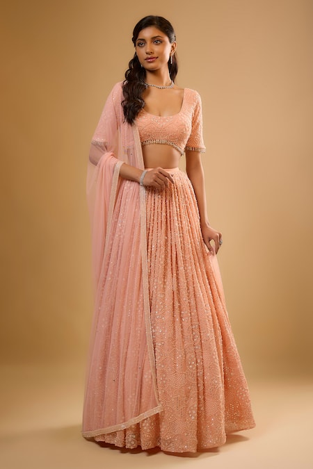 Renee label_Peach Viscose Georgette, Net Beads, Sequins, Embroidery Scoop Nysa Lehenga Set _Online_at_Aza_Fashions