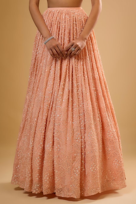 Buy_Renee label_Peach Viscose Georgette, Net Beads, Sequins, Embroidery Scoop Nysa Lehenga Set _Online_at_Aza_Fashions