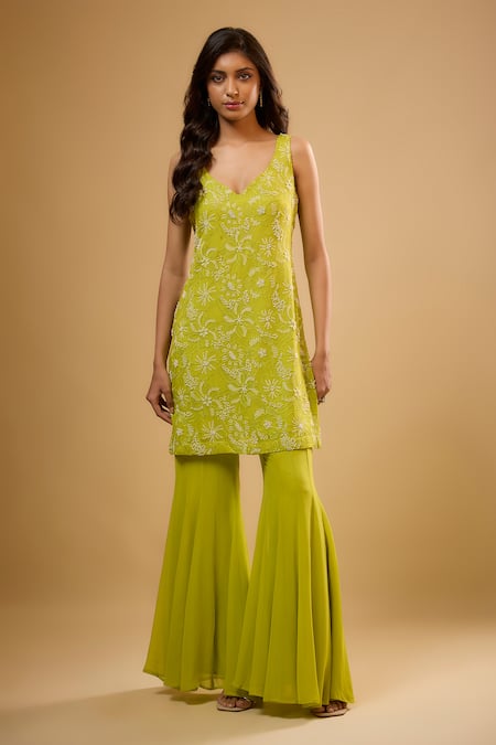 Buy_Renee label_Green Viscose Georgette, Net Embroidery, Sequins, Beads Sia Kurta Sharara Set _Online_at_Aza_Fashions