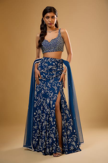 Buy_Renee label_Blue Viscose Georgette, Net Beads, Sequins, Embroidery, Ashika Lehenga Set _Online_at_Aza_Fashions