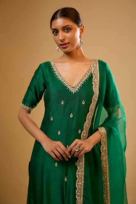Renee label_Emerald Green Dupion, Organza Embroidery, Mirrors, Pearls, Veera Kurta Set _Online_at_Aza_Fashions