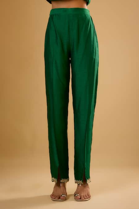 Buy_Renee label_Emerald Green Dupion, Organza Embroidery, Mirrors, Pearls, Veera Kurta Set _Online_at_Aza_Fashions