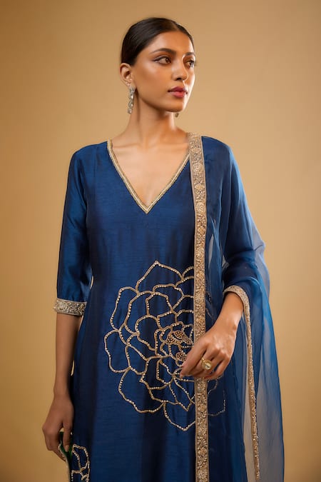Renee label_Blue Dupion, Organza Embroidery, Beads, Sequins, Pearls V-neck Reet Kurta Set _Online_at_Aza_Fashions