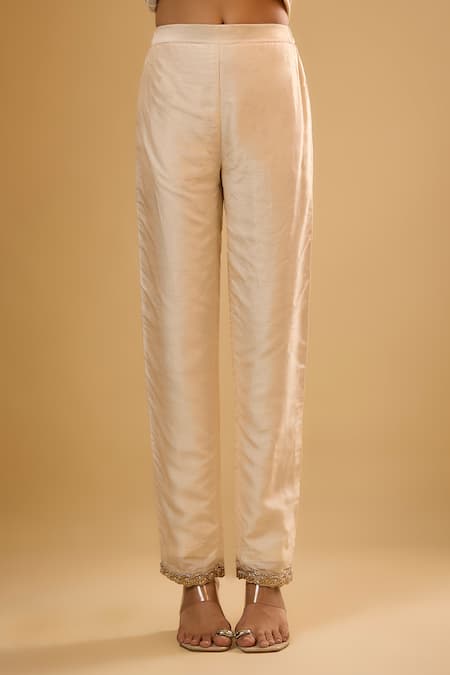 Renee label_Ivory Dupion, Organza Embroidery, Beads, Sequins, Vanilla White Kurta Set _Online_at_Aza_Fashions