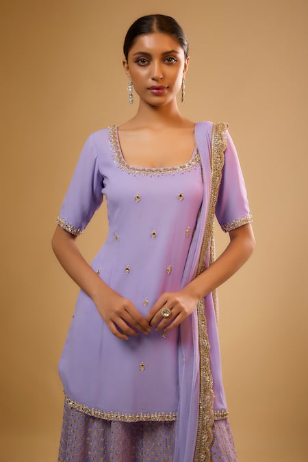 Buy_Renee label_Purple Viscose Georgette, Net Mirrors, Pearls, Anahita Kurta Sharara Set _Online_at_Aza_Fashions