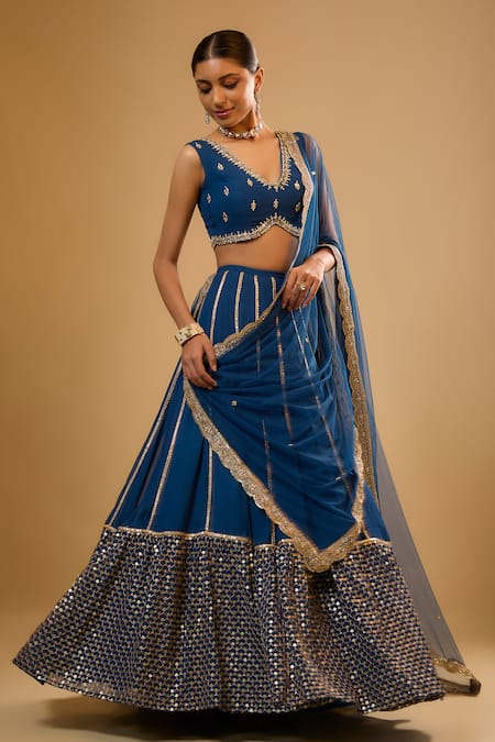 Buy_Renee label_Blue Viscose Georgette, Net Beads, Mirrors, Pearls, Sequins, Siyona Lehenga Set _Online_at_Aza_Fashions