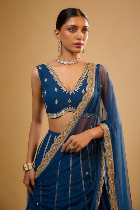 Shop_Renee label_Blue Viscose Georgette, Net Beads, Mirrors, Pearls, Sequins, Siyona Lehenga Set _Online_at_Aza_Fashions