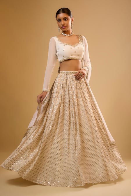 Renee label_Ivory Viscose Georgette, Net Beads, Mirrors, Gia Vanilla White Lehenga Set _Online_at_Aza_Fashions