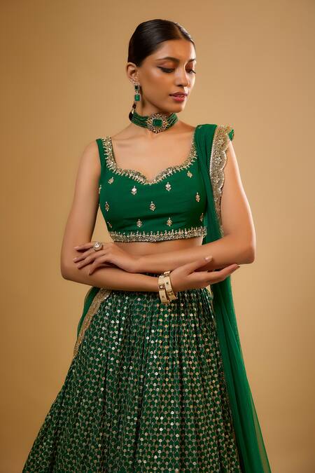 Renee label_Emerald Green Viscose Georgette, Net Beads, Mirrors, Kashvi Work Lehenga Set _Online_at_Aza_Fashions