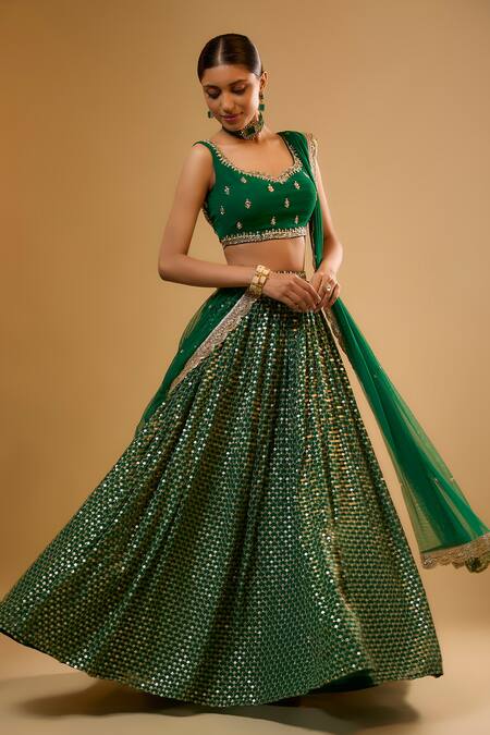 Buy_Renee label_Emerald Green Viscose Georgette, Net Beads, Mirrors, Kashvi Work Lehenga Set _Online_at_Aza_Fashions