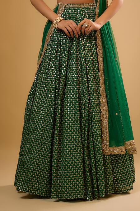 Shop_Renee label_Emerald Green Viscose Georgette, Net Beads, Mirrors, Kashvi Work Lehenga Set _Online_at_Aza_Fashions
