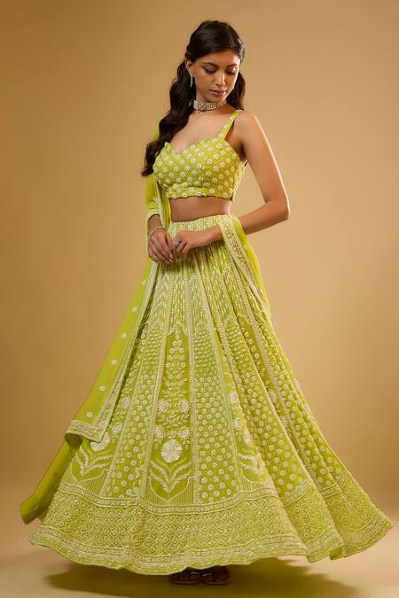 Buy_Renee label_Lime Viscose Georgette Beads, Embroidery, Sequins Aashni Glass Lehenga Set _Online_at_Aza_Fashions