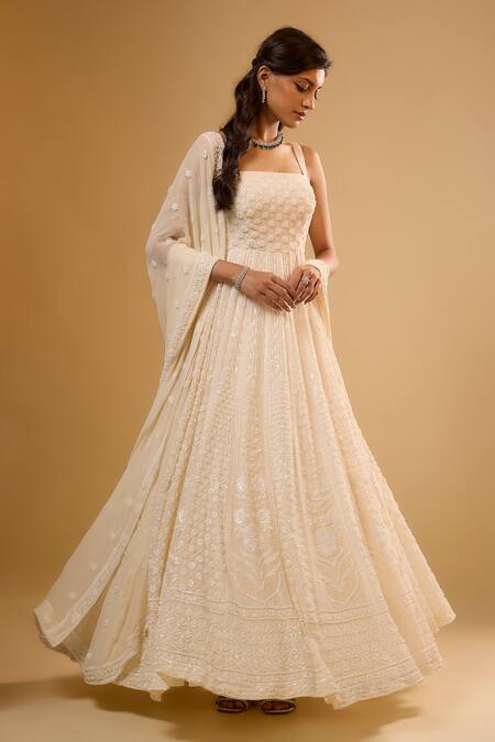 Renee label_Ivory Viscose Georgette Beads, Sequins, Embroidery Tridha Anarkali With Dupatta _Online_at_Aza_Fashions