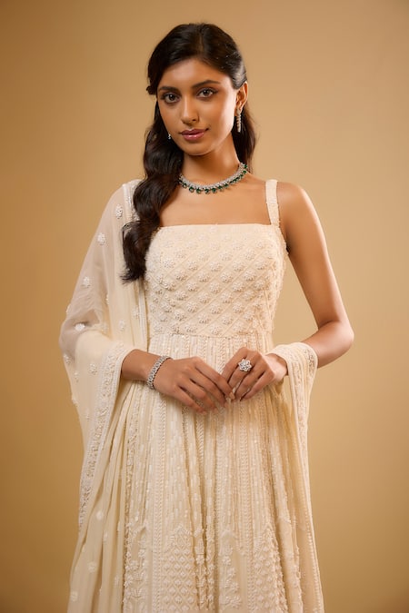 Buy_Renee label_Ivory Viscose Georgette Beads, Sequins, Embroidery Tridha Anarkali With Dupatta _Online_at_Aza_Fashions