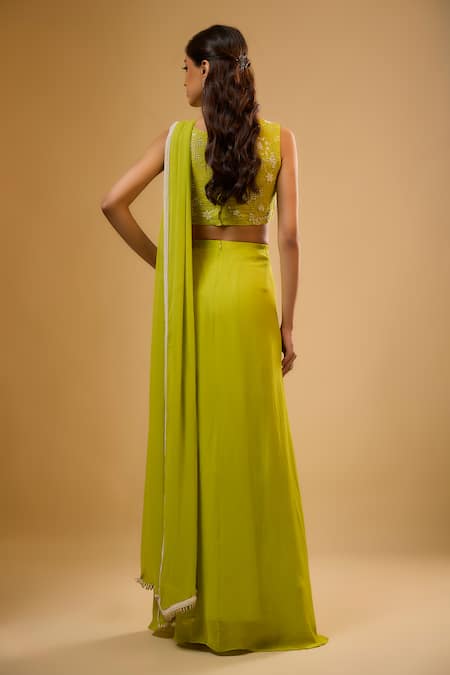 Renee label Hoor Citrus Green Pre-Stitched Saree With Blouse 