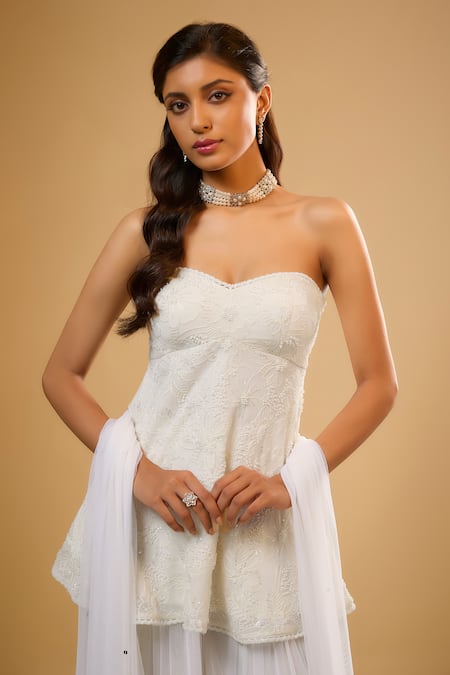 Shop_Renee label_Ivory Viscose Georgette, Net Embroidery, Bhumi Vanilla White Kurta Sharara Set _Online_at_Aza_Fashions