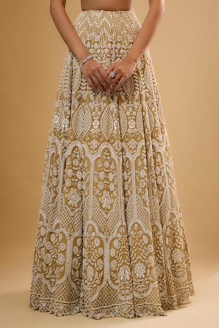 Renee label_Gold Viscose Georgette Beads, Embroidery, Sequins Square Anika Work Lehenga Set _Online_at_Aza_Fashions