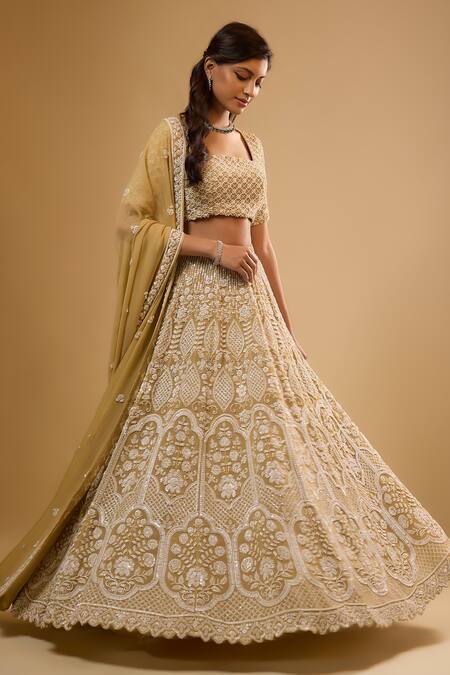 Buy_Renee label_Gold Viscose Georgette Beads, Embroidery, Sequins Square Anika Work Lehenga Set _Online_at_Aza_Fashions