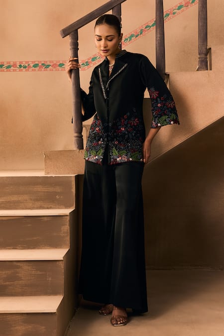 Buy_1999ad By Amita & Deepak_Black Satin Embroidery, Stones Collared, V-neck Floral Jacket And Pant Set _Online_at_Aza_Fashions