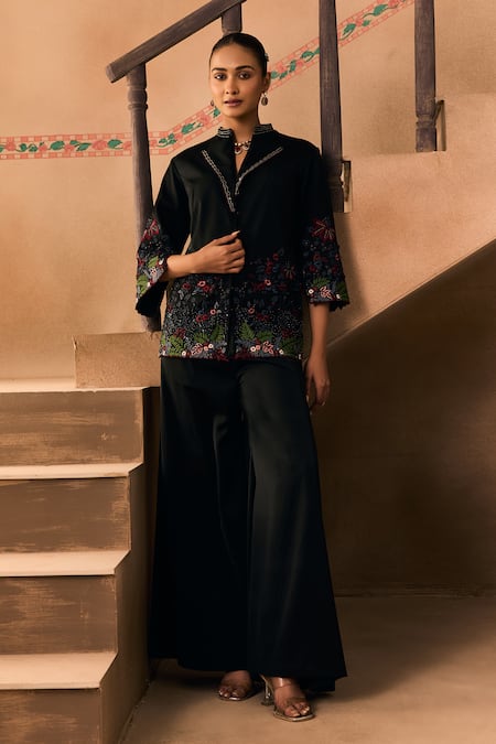1999ad By Amita & Deepak_Black Satin Embroidery, Stones Collared, V-neck Floral Jacket And Pant Set _at_Aza_Fashions