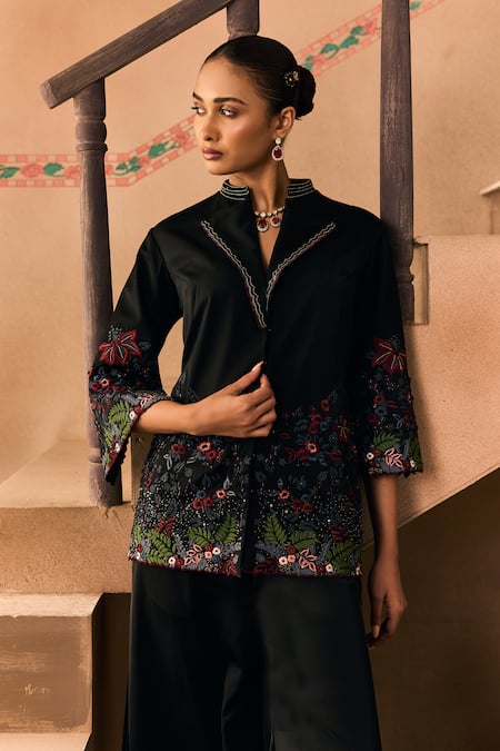 Buy_1999ad By Amita & Deepak_Black Satin Embroidery, Stones Collared, V-neck Floral Jacket And Pant Set 