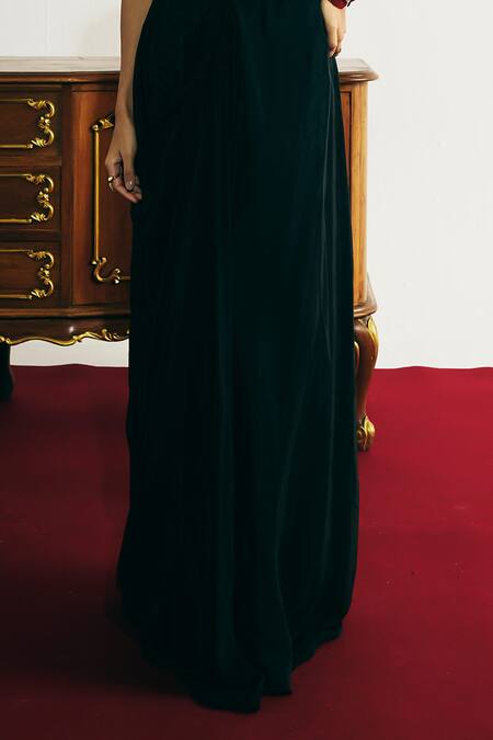 Basanti - Kapde Aur Koffee_Black Velvet Mirrors, Lace, Embroidery V-neck, Round Cape And Draped Skirt Set _Online_at_Aza_Fashions