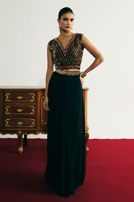 Buy_Basanti - Kapde Aur Koffee_Black Velvet Mirrors, Lace, Embroidery V-neck, Round Cape And Draped Skirt Set _Online_at_Aza_Fashions