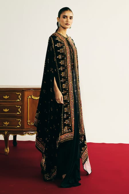 Shop_Basanti - Kapde Aur Koffee_Black Velvet Mirrors, Lace, Embroidery V-neck, Round Cape And Draped Skirt Set _Online_at_Aza_Fashions