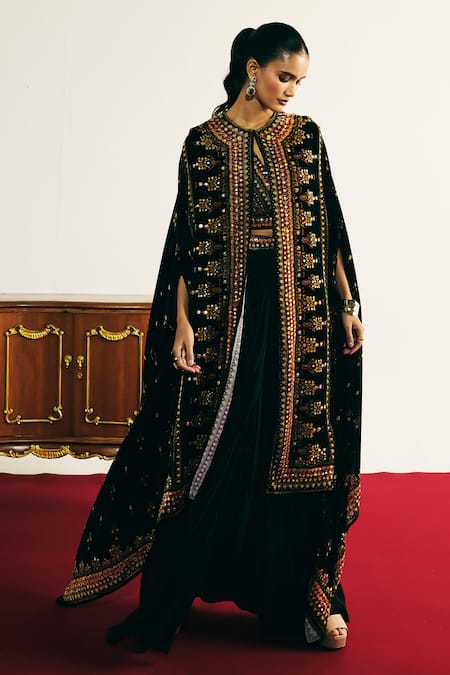 Basanti - Kapde Aur Koffee Black Velvet Embroidered Cape & Draped Skirt Set 