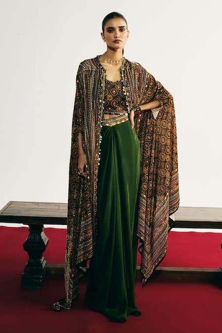 Basanti - Kapde Aur Koffee Green Velvet Embroidered Cape & Draped Skirt Set 