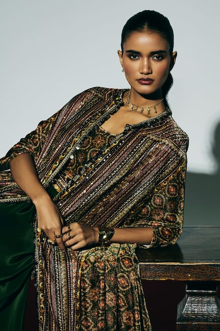 Shop_Basanti - Kapde Aur Koffee_Green Velvet Sequins, Mirrors Square Neck, Embroidered Cape And Draped Skirt Set _Online_at_Aza_Fashions