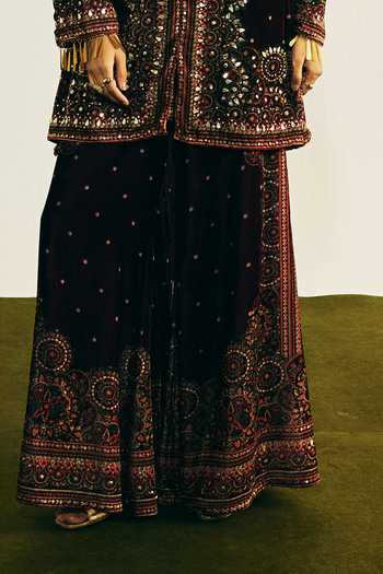 Buy_Basanti Kapde aur Koffee_Purple Velvet Mirrors, Lace, Embroidery Round Neck Kurta And Palazzo Set _Online_at_Aza_Fashions