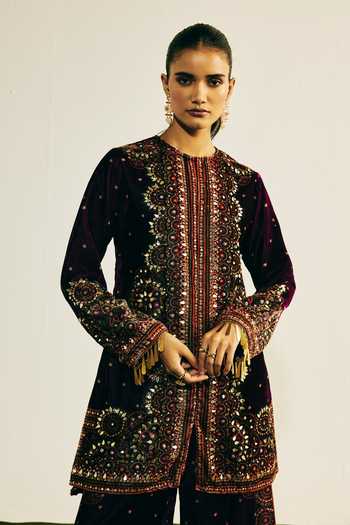 Shop_Basanti Kapde aur Koffee_Purple Velvet Mirrors, Lace, Embroidery Round Neck Kurta And Palazzo Set _Online_at_Aza_Fashions