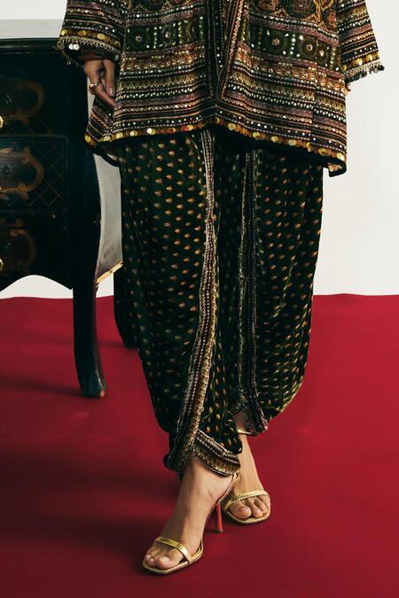Basanti - Kapde Aur Koffee_Green Velvet Sequins, Mirrors, Lace, Embroidery V-neck Kaftan And Dhoti Pant Set _Online_at_Aza_Fashions