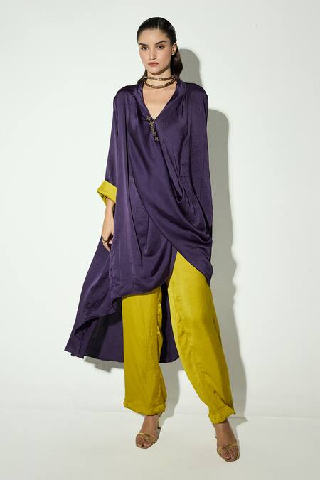 Shop_Basanti - Kapde Aur Koffee_Purple Satin V-neck Embellished Draped Tunic And Pant Set _Online_at_Aza_Fashions