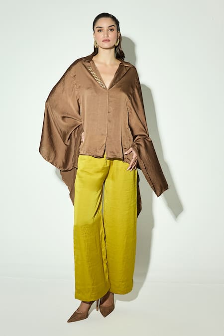 Basanti Kapde aur Koffee Brown Satin Embellished Shirt & Pant Co-ord Set 