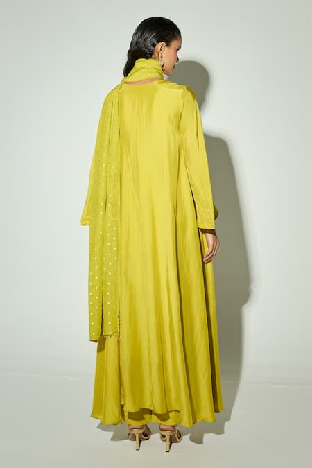 Basanti Kapde aur Koffee Green Silk Embellished Anarkali Set