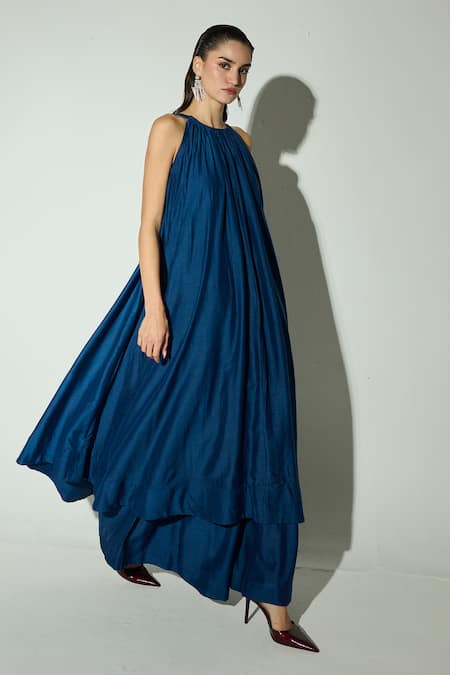 Basanti - Kapde Aur Koffee Royal Blue Flared Anarkali With Wide Leg Palazzo 