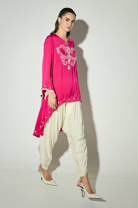 Shop Basanti Kapde aur Koffee Pink Satin Embroidery, Tassels Notched Neck Rani Kurta And Dhoti Pant Set Online at Aza Fashions Shop_Basanti Kapde aur Koffee_Pink Satin Embroidery, Tassels Notched Neck Rani Kurta And Dhoti Pant Set _Online_at_Aza_Fashions