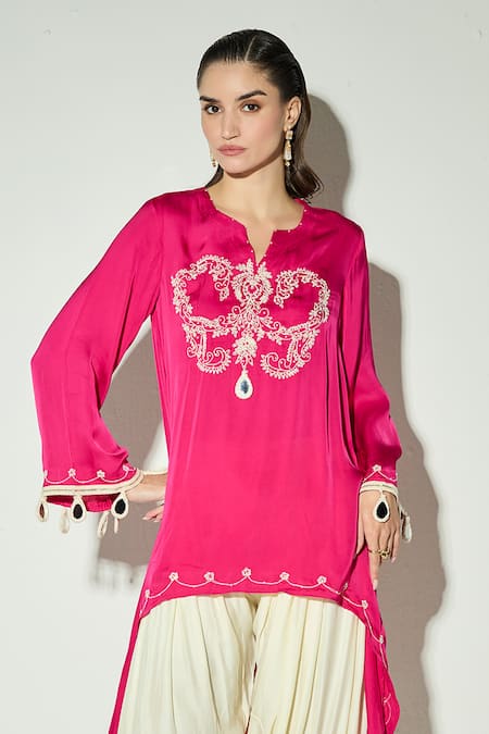 Basanti Kapde aur Koffee Pink Satin Embroidery, Tassels Notched Neck Rani Kurta And Dhoti Pant Set at Aza Fashions Basanti Kapde aur Koffee_Pink Satin Embroidery, Tassels Notched Neck Rani Kurta And Dhoti Pant Set _at_Aza_Fashions