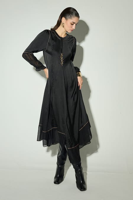 Buy_Basanti Kapde aur Koffee_Black Satin Sequins, Embroidery Round Neck Dress _Online_at_Aza_Fashions
