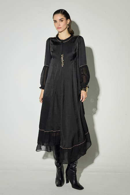 Basanti Kapde aur Koffee Black Satin Embroidered Dress 