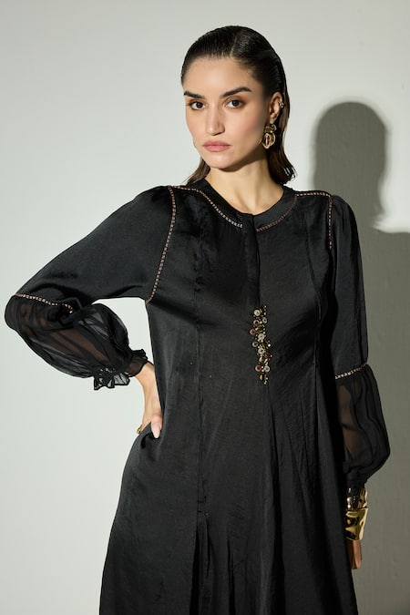 Shop_Basanti Kapde aur Koffee_Black Satin Sequins, Embroidery Round Neck Dress _Online_at_Aza_Fashions