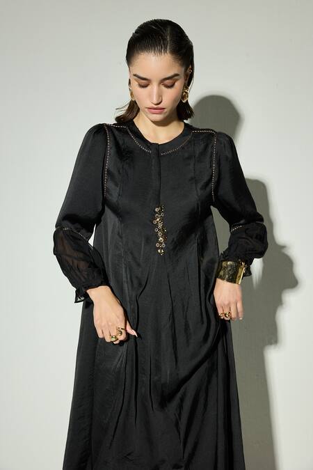 Basanti Kapde aur Koffee_Black Satin Sequins, Embroidery Round Neck Dress _at_Aza_Fashions