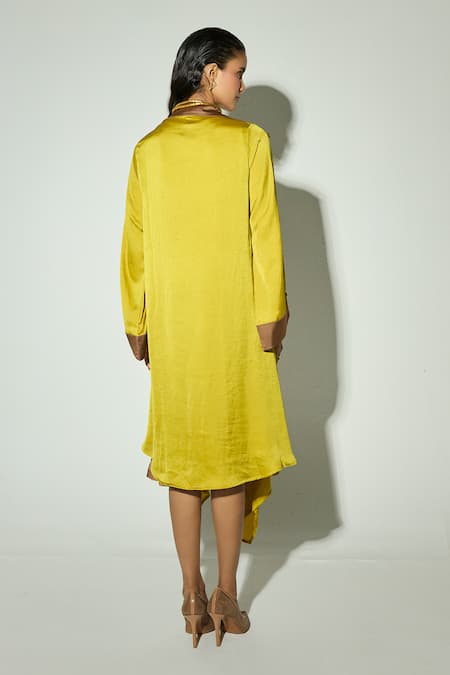 Basanti - Kapde Aur Koffee Mustard Satin Asymmetric Jacket With Dress 