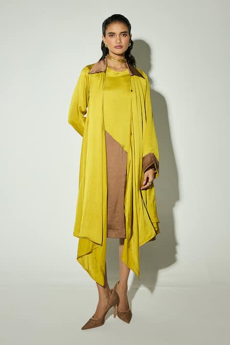 Basanti - Kapde Aur Koffee Mustard Satin Asymmetric Jacket With Dress 