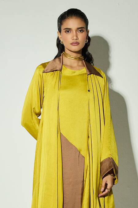 Basanti - Kapde Aur Koffee_Yellow Satin Collared, Round Neck Mustard Asymmetric Jacket With Dress _Online_at_Aza_Fashions