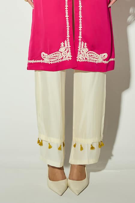 Basanti Kapde aur Koffee_Pink Satin Embroidery, Tassels Round Neck Rani Kurta And Palazzo Set _Online_at_Aza_Fashions