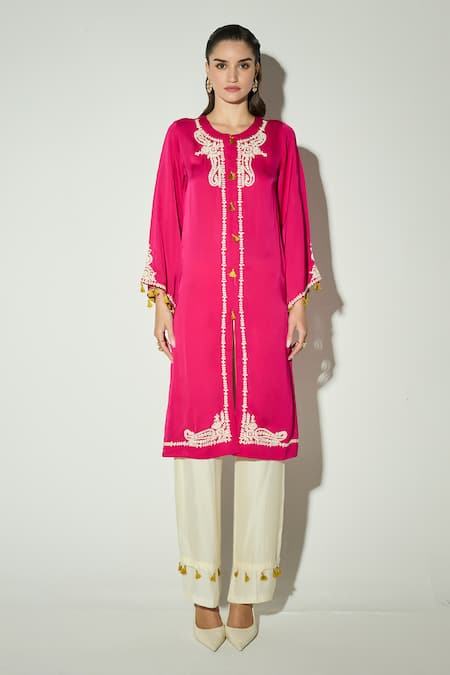 Buy_Basanti Kapde aur Koffee_Pink Satin Embroidery, Tassels Round Neck Rani Kurta And Palazzo Set _Online_at_Aza_Fashions